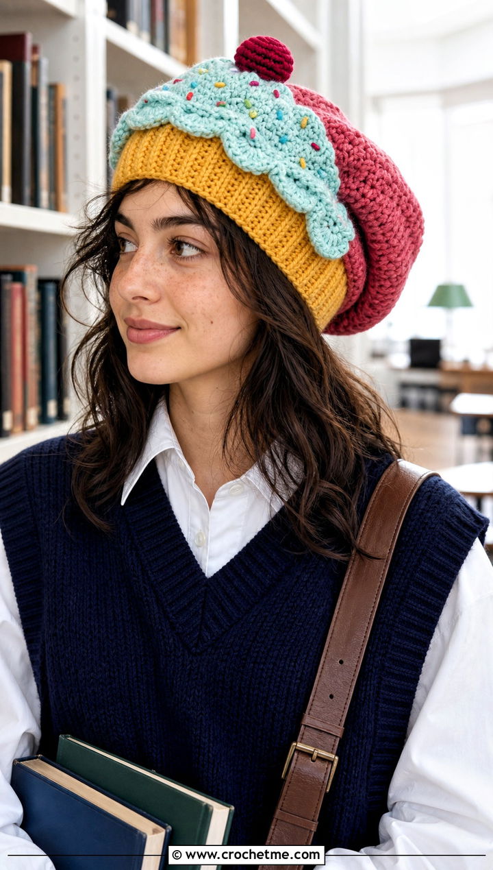 Slouchy Crochet Cupcake Hat With Sweater Vest - 30 crochet cupcake hat outfit ideas