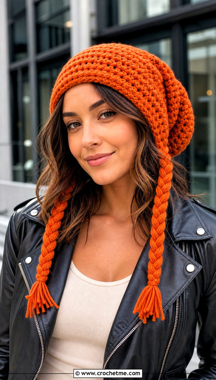 Slouchy Crochet Doll Hat With Braids And Leather Jacket - 15 crochet doll hat with braids outfit ideas