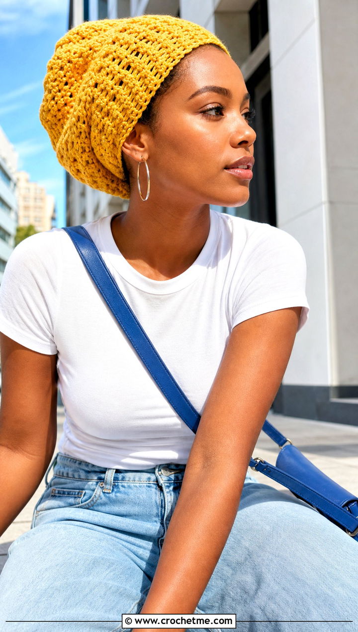 Slouchy Crochet Dread Tam With White Tee And Wide Leg Jeans - 20 Crochet Dread Cap outfit ideas