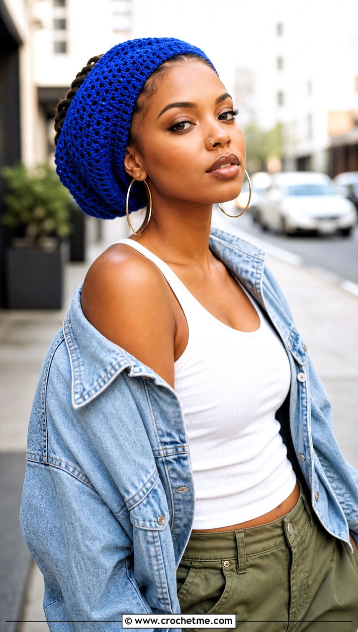 Slouchy Crochet Dreadlock Tam With Denim Jacket And Cargo Pants - 25 Crochet Dreadlock Hat outfit ideas