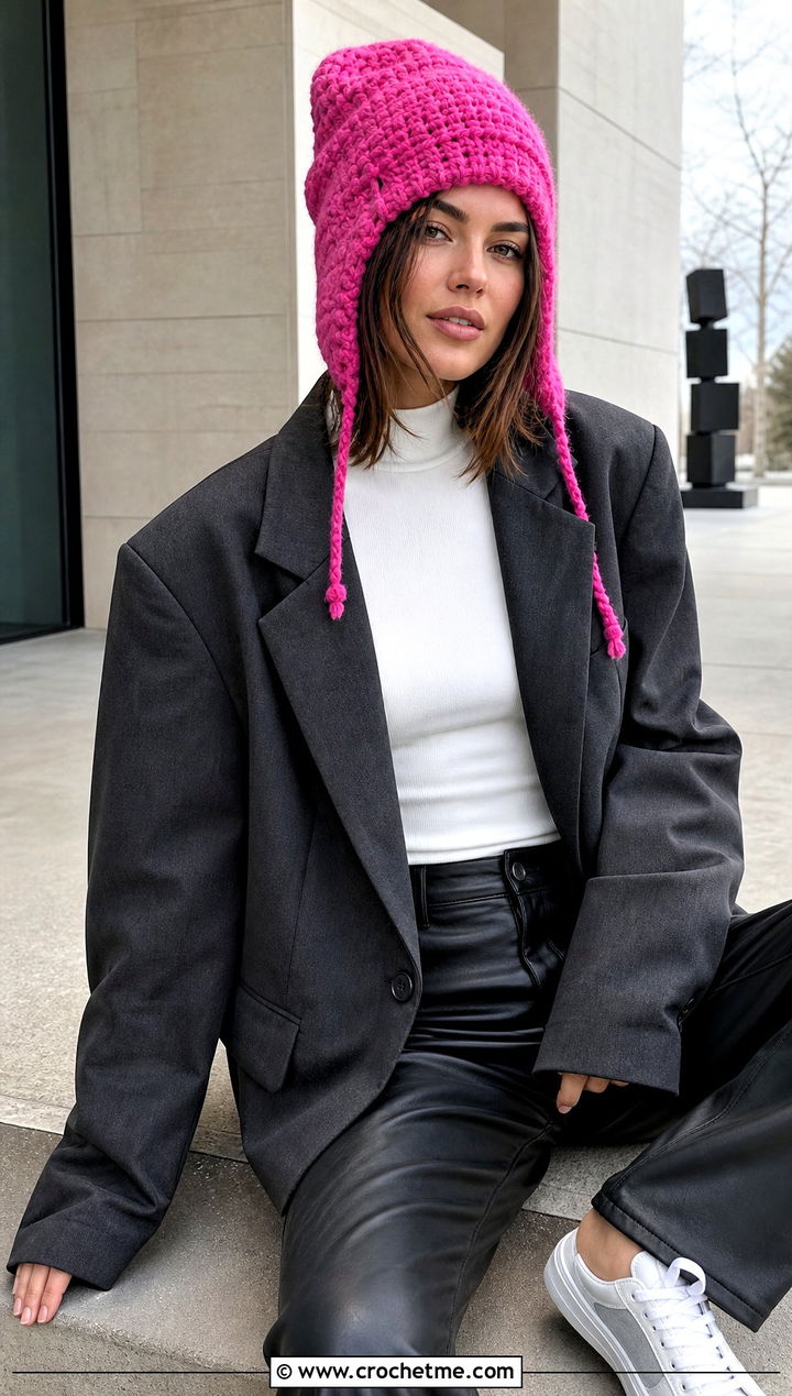 Slouchy Crochet Earflap Beanie With Oversized Blazer - 30 crochet earflap beanie outfit ideas