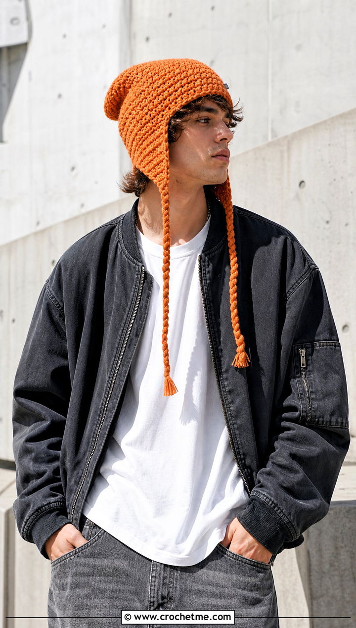 Slouchy Crochet Earflap Hat With Bomber Jacket - 15 Mens Crochet Hat With Earflaps outfit ideas
