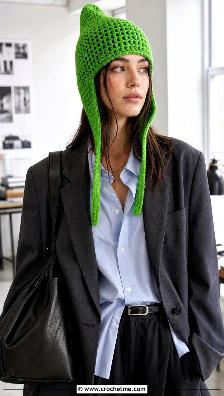 Slouchy Crochet Earflap Hat With Oversized Blazer - 15 Crochet Hat With Earflaps outfit ideas
