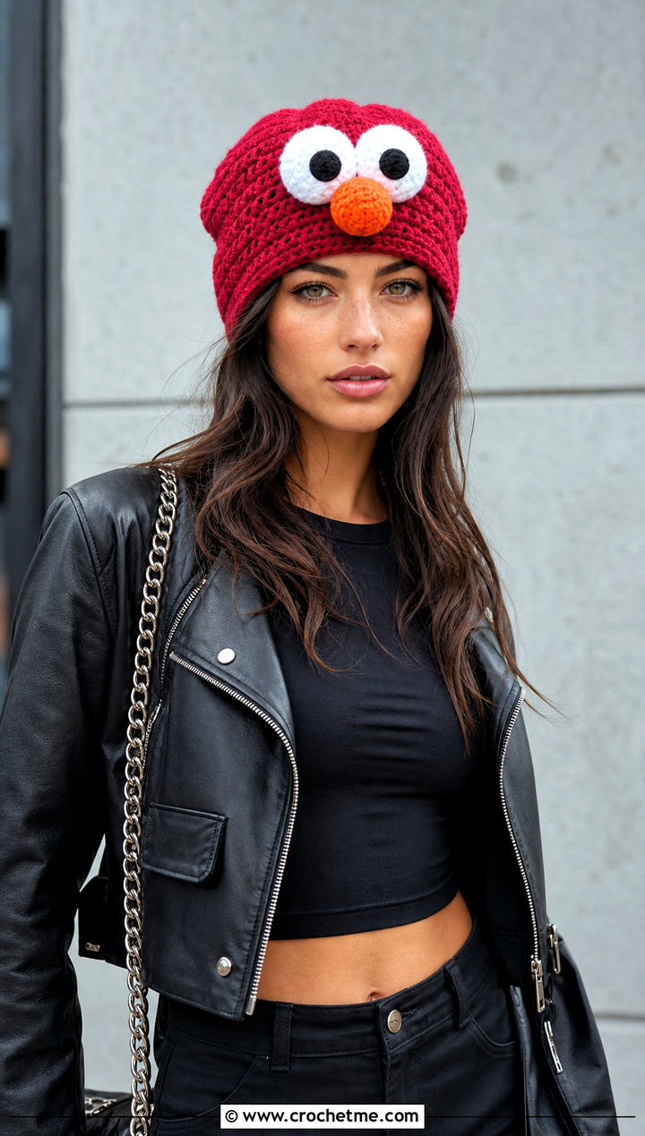 Slouchy Crochet Elmo Hat With Leather Jacket - 15 Crochet Elmo Hat outfit ideas