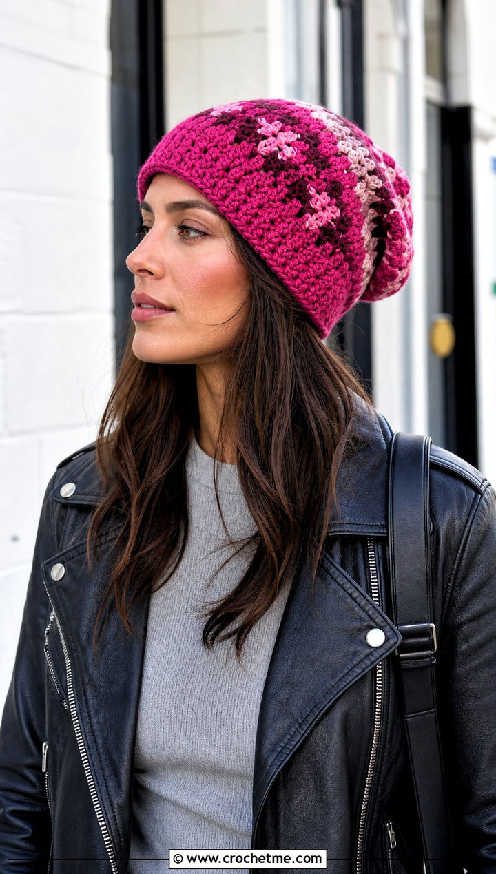 Slouchy Crochet Fair Isle Beanie With Leather Jacket - 25 Crochet Fair Isle Hat outfit ideas