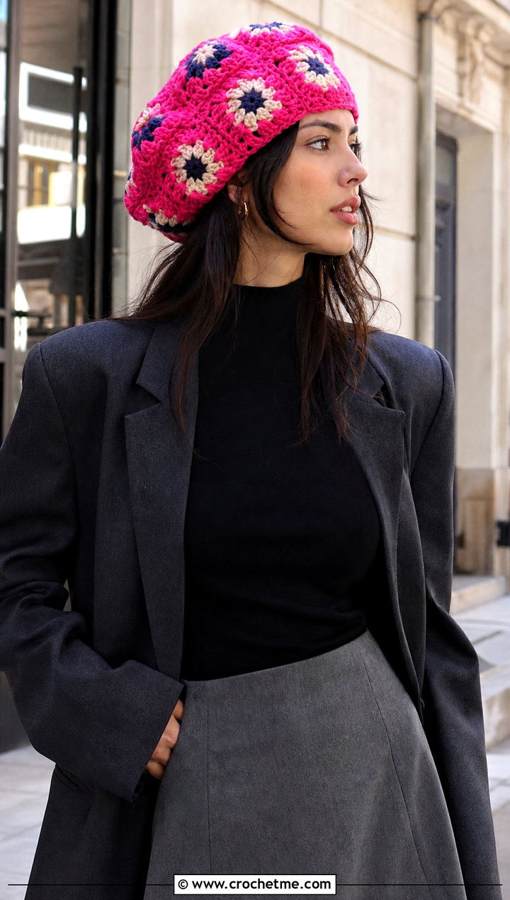 Slouchy Crochet Granny Square Beret With Blazer And Mini Skirt - 25 Crochet Granny Square Beret outfit ideas