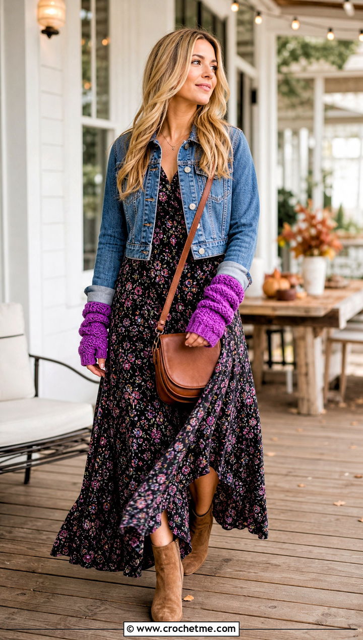 Slouchy Crochet Handwarmers With A Maxi Dress - 35 crochet handwarmers outfit ideas