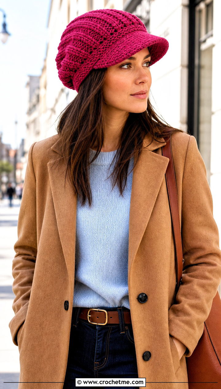 Slouchy Crochet Hat With Curved Brim And Long Coat - 25 Crochet Hats With Brim outfit ideas