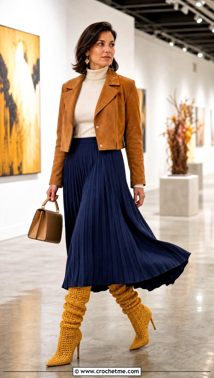 Slouchy Crochet High Heel Boots With A Pleated Midi Skirt - 15 Crochet High Heel Boots outfit ideas