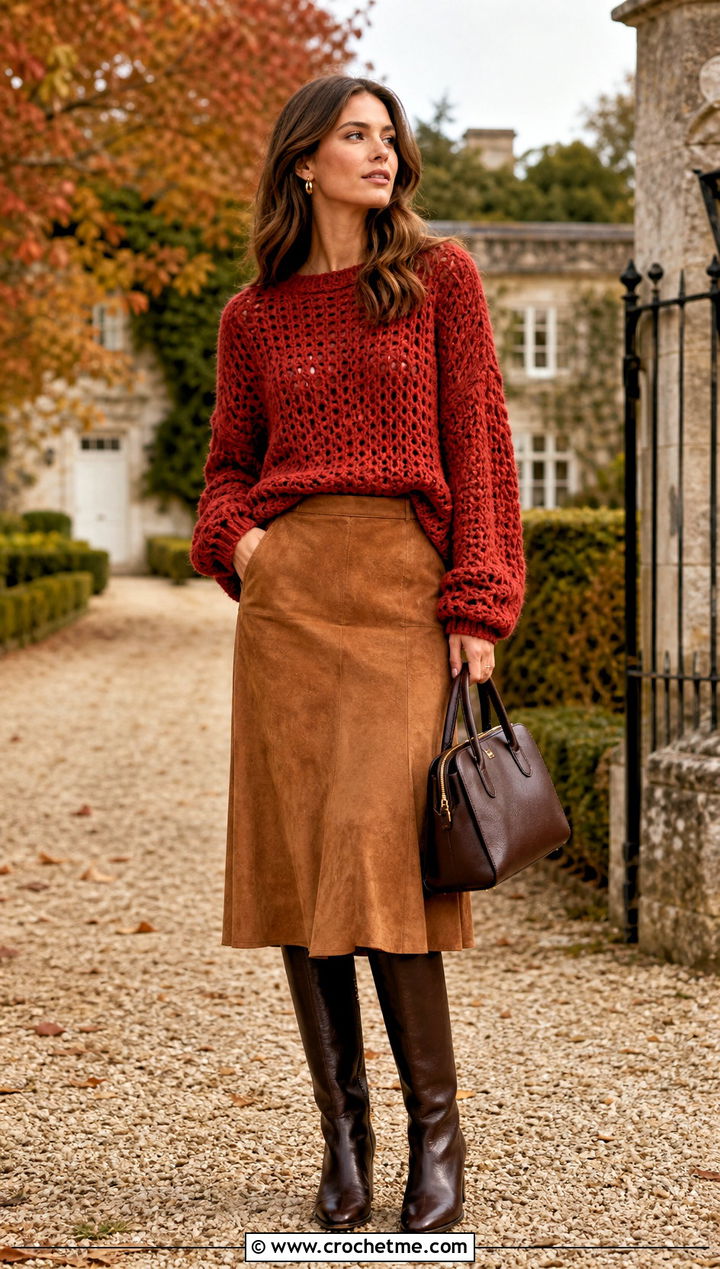 Slouchy Crochet Jumper With Suede Midi Skirt - 35 easy crochet jumper outfit ideas