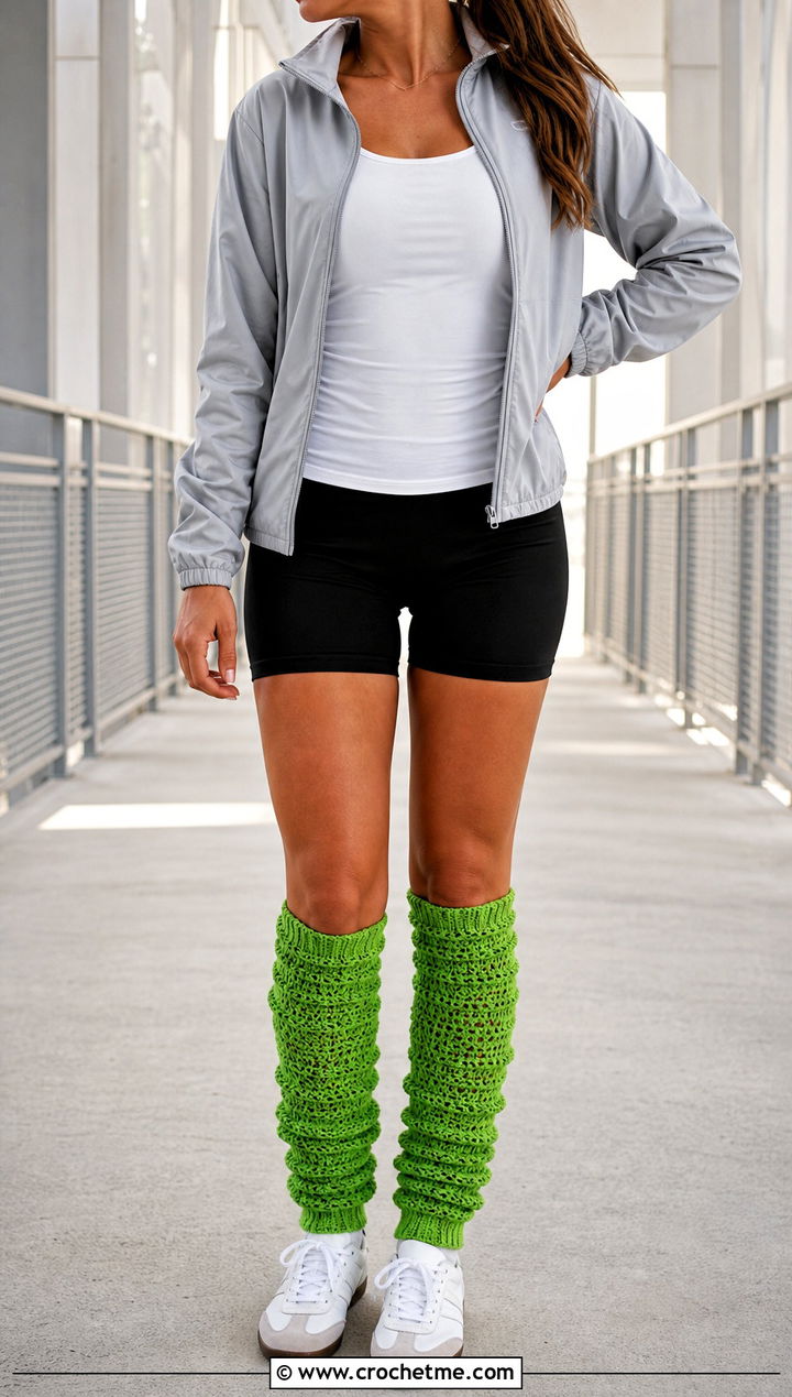 Slouchy Crochet Knee High Socks With Bike Shorts - 30 crochet long socks outfit ideas