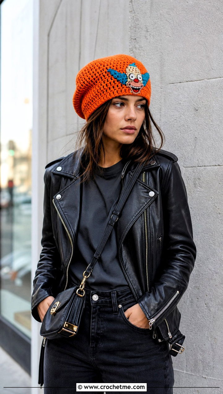 Slouchy Crochet Krusty Krab Hat With Leather Jacket - 30 crochet krusty krab hat outfit ideas