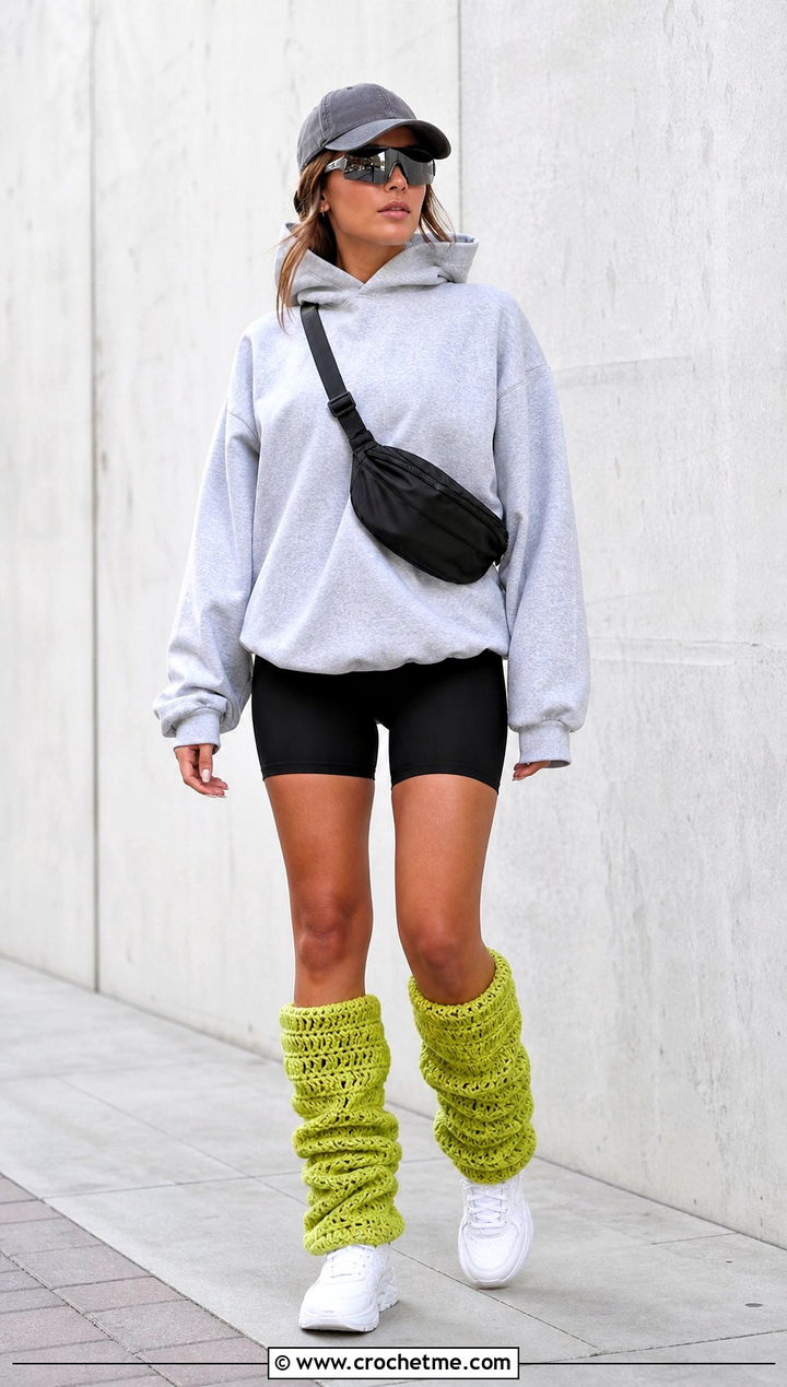 Slouchy Crochet Leg Warmers With Biker Shorts - 35 Easy Crochet Leg Warmers outfit ideas