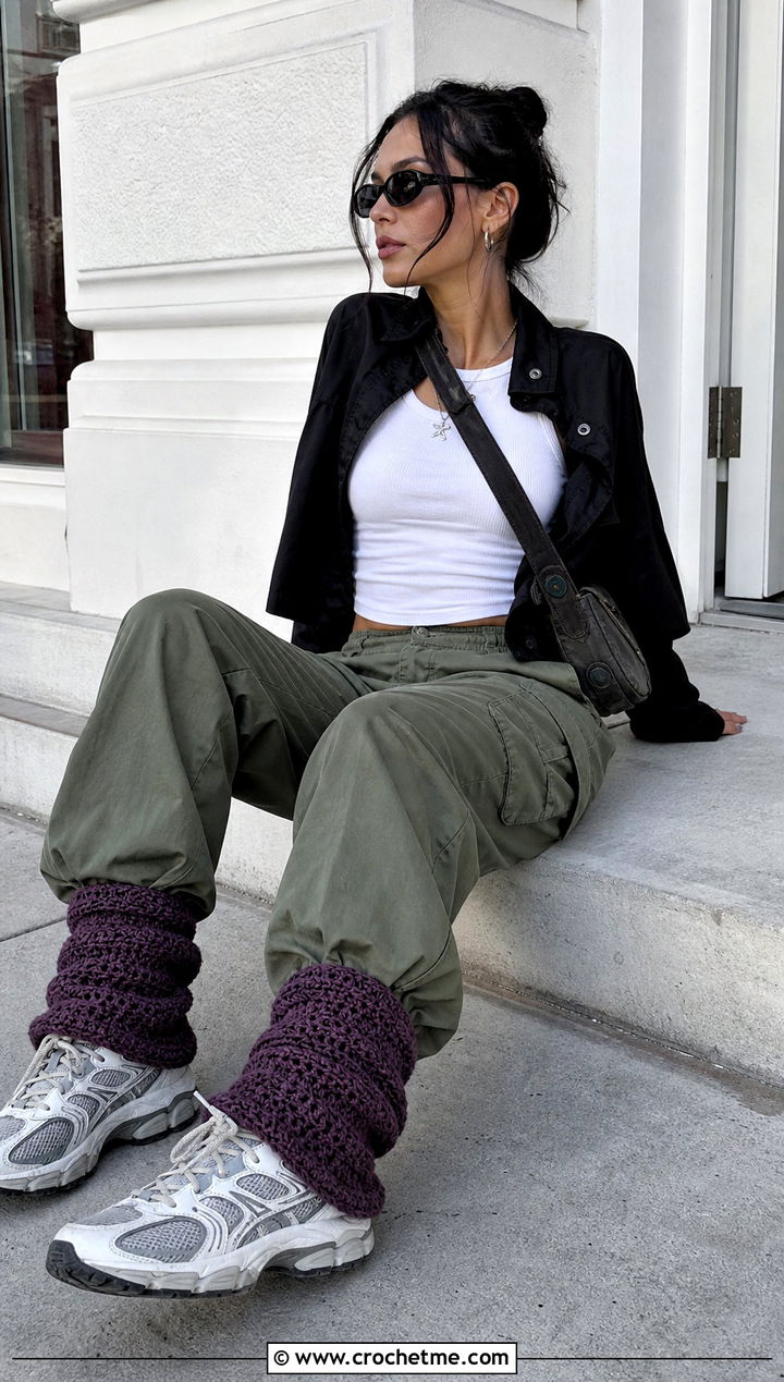 Slouchy Crochet Leg Warmers With Cargo Pants - 30 cute crochet leg warmers outfit ideas
