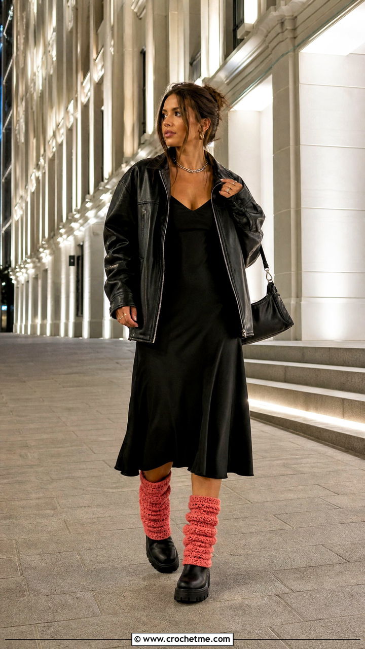 Slouchy Crochet Leg Warmers With Slip Dress And Leather Jacket - 35 crochet leg warmer outfit ideas