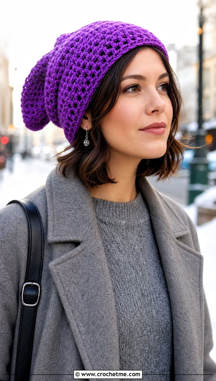Slouchy Crochet Link Hat With Sweater Dress - 30 crochet link hat outfit ideas