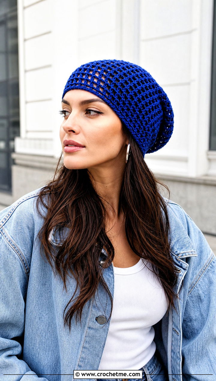 Slouchy Crochet Mesh Beanie With Denim Jacket - 25 crochet mesh beanie outfit ideas