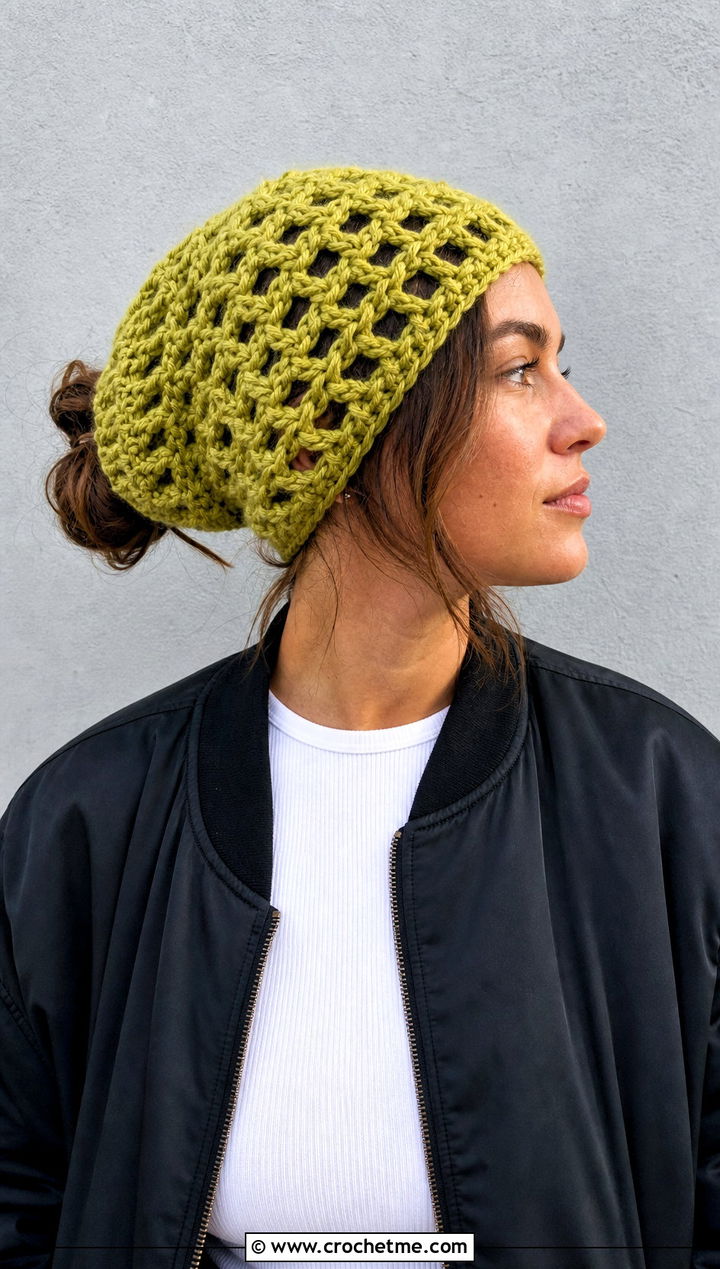 Slouchy Crochet Messy Bun Hat With Cargo Pants - 20 Crochet Messy Bun Hat Bulky Yarn outfit ideas