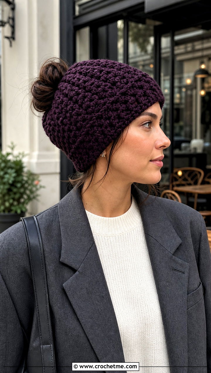 Slouchy Crochet Messy Bun Hat With Elastic And Blazer - 25 Crochet Messy Bun Hat With Elastic outfit ideas