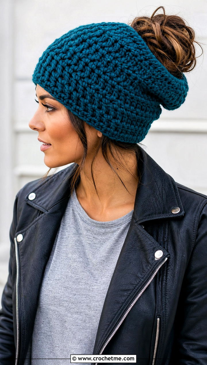 Slouchy Crochet Messy Bun Hat With Leather Jacket - 15 Easy Crochet Messy Bun Hat outfit ideas