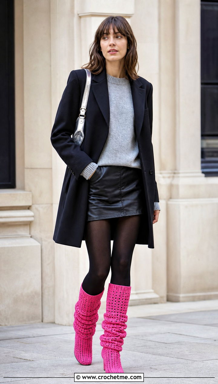 Slouchy Crochet Mid Calf Boots With A Leather Skirt - 15 colorful crochet winter boots outfit ideas