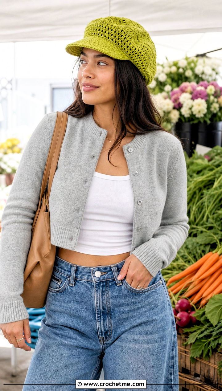 Slouchy Crochet Newsboy Golf Hat With Cardigan And Barrel Jeans - 25 crochet golf hat outfit ideas