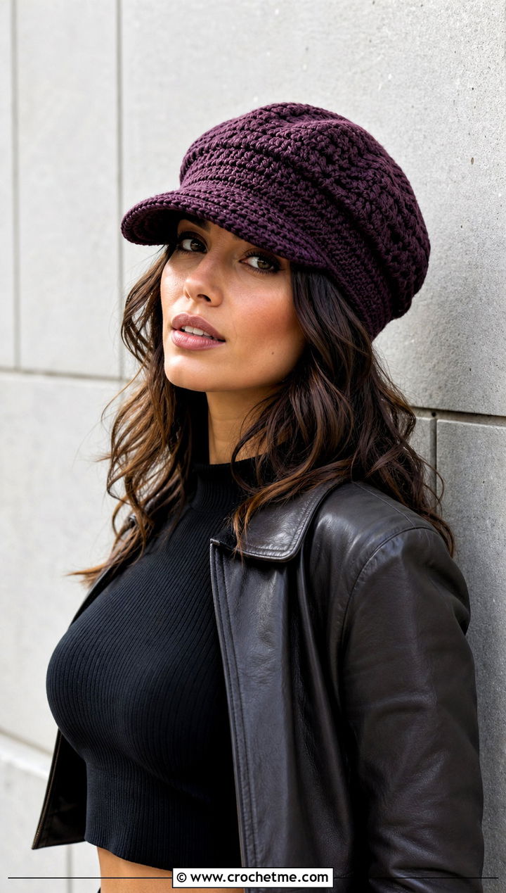 Slouchy Crochet Newsboy Hat With Leather Jacket - 25 newsboy crochet hat outfit ideas