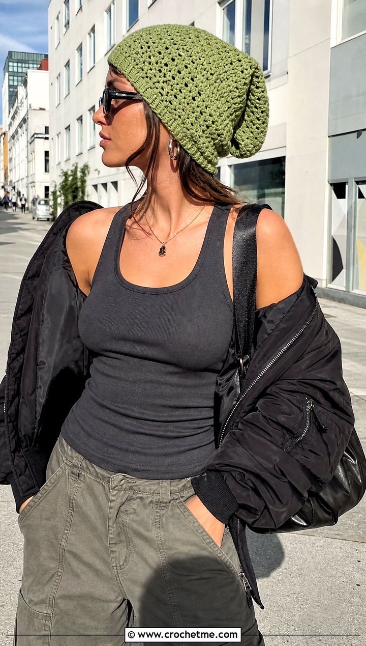 Slouchy Crochet Phrygian Cap With Cargo Pants - 15 crochet phrygian cap outfit ideas