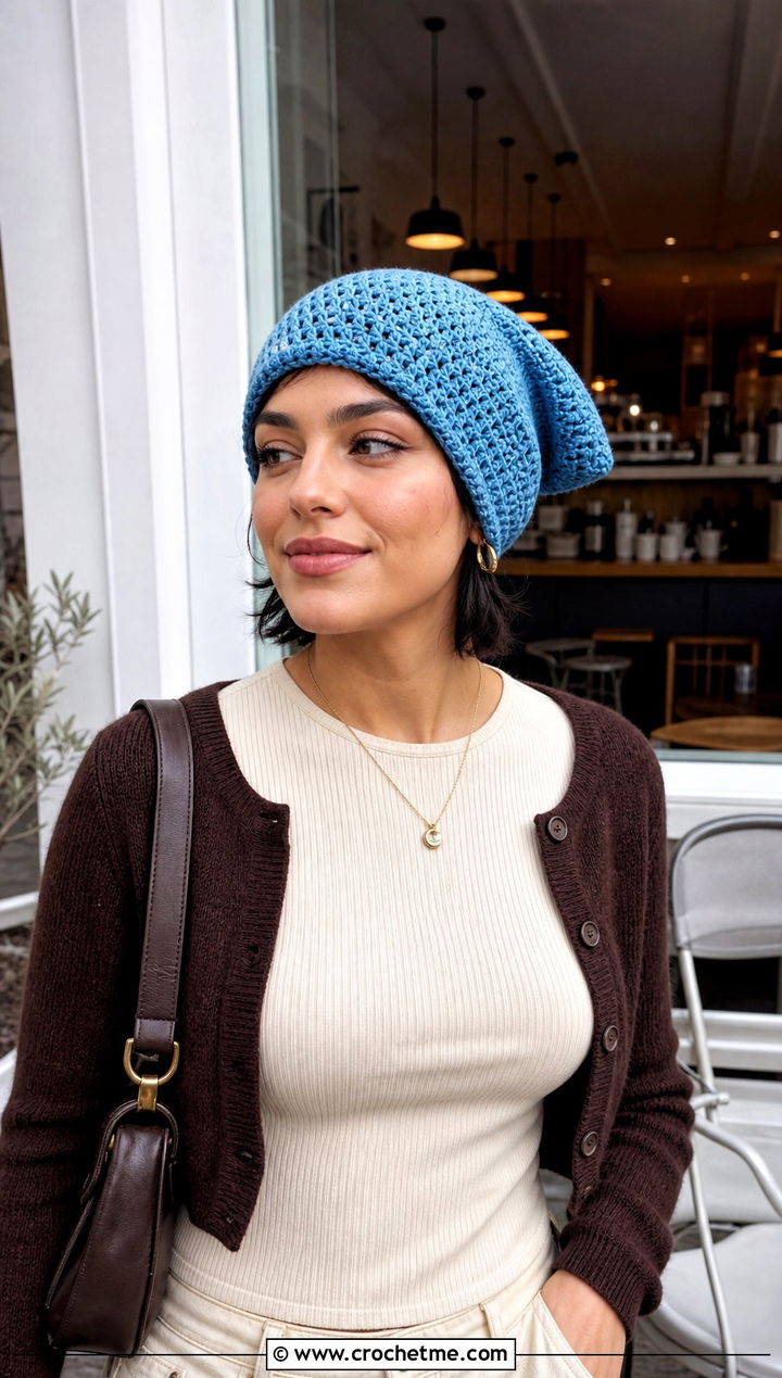 Slouchy Crochet Pixie Hat With Wide Leg Jeans - 30 crochet pixie hat outfit ideas