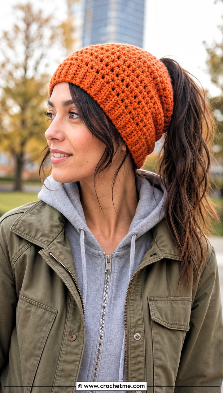 Slouchy Crochet Ponytail Beanie With Hoodie And Cargo Pants - 20 Crochet Ponytail Beanie outfit ideas