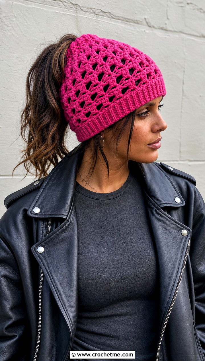 Slouchy Crochet Ponytail Beanie With Leather Jacket And Cargo Pants - 20 Crochet Beanie With Ponytail Hole Hat outfit ideas