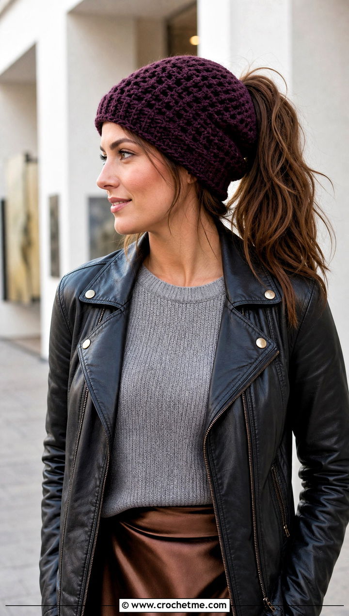 Slouchy Crochet Ponytail Beanie With Leather Jacket And Satin Skirt - 30 crochet beanie with ponytail hole outfit ideas