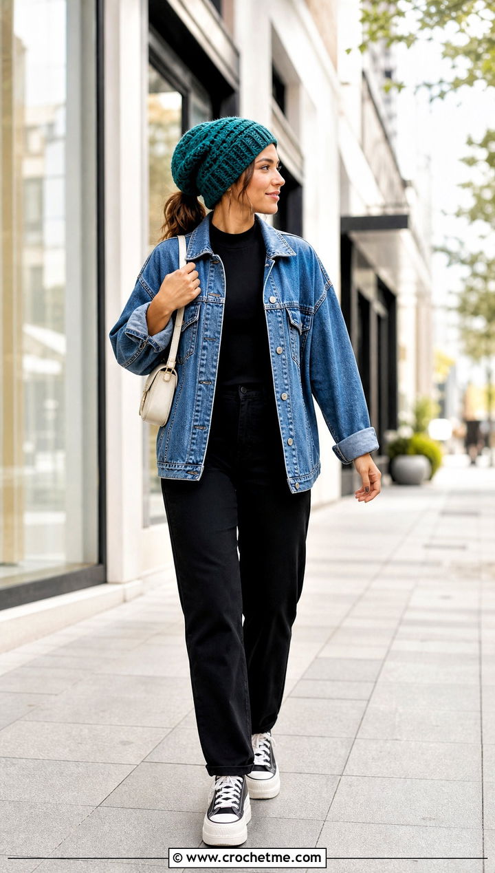 Slouchy Crochet Ponytail Hat With Denim Jacket - 35 crochet ponytail hat outfit ideas