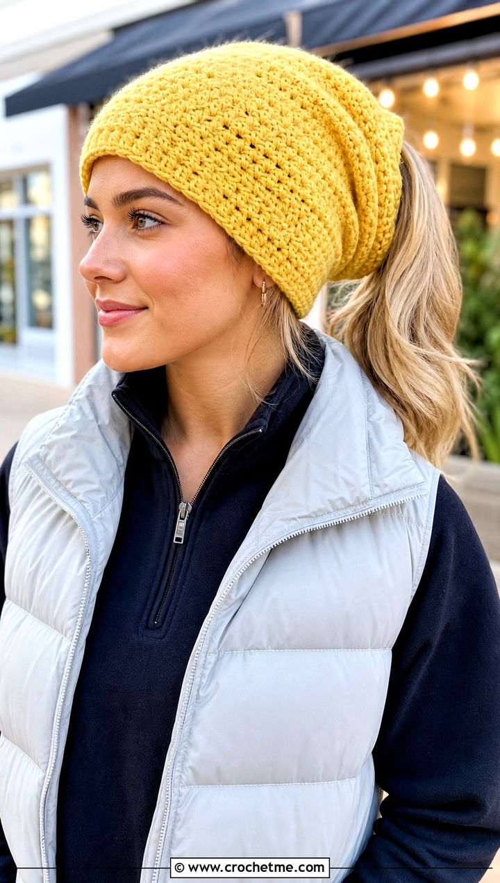 Slouchy Crochet Ponytail Hat With Leggings - 30 crochet hat with ponytail hole outfit ideas