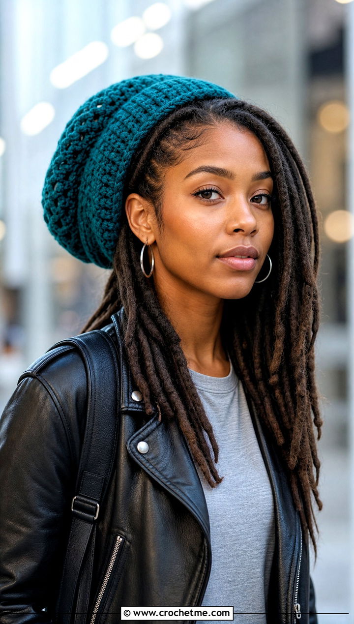 Slouchy Crochet Rasta Tam Hat With Leather Jacket - 25 crochet rasta tam hat outfit ideas
