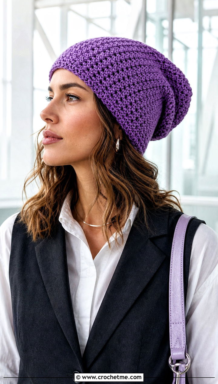 Slouchy Crochet Rectangle Beanie With Tailored Vest - 25 Crochet Rectangle Hat outfit ideas