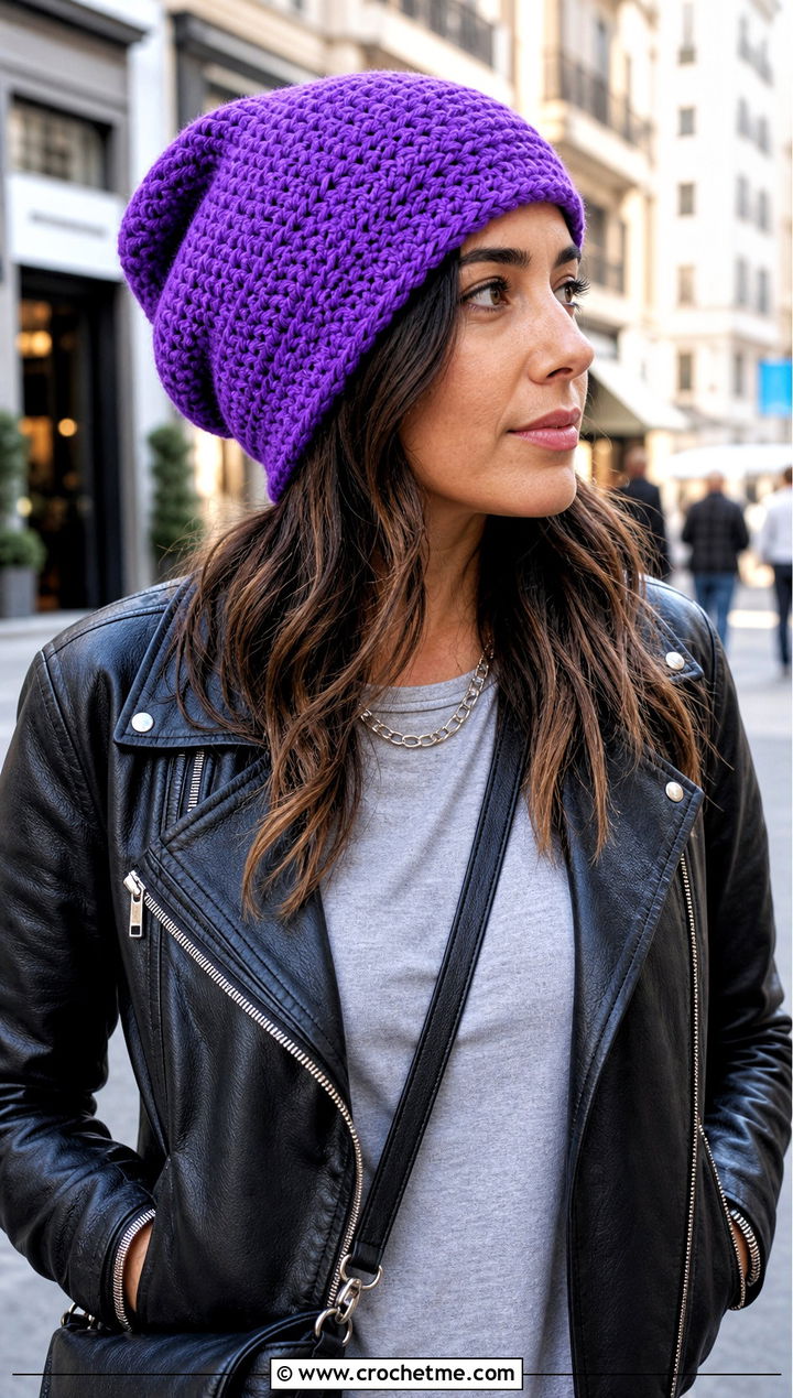 Slouchy Crochet Rectangle Hat With Leather Jacket - 25 Crochet Rectangle Hat outfit ideas