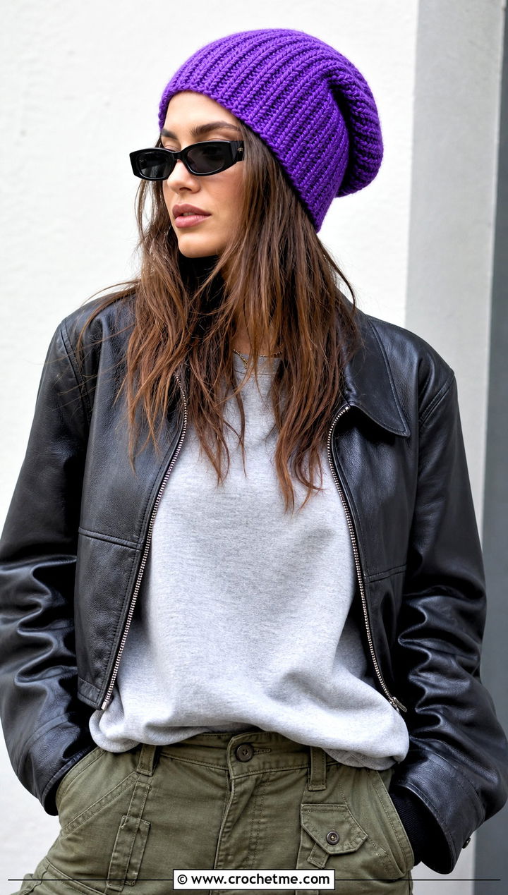 Slouchy Crochet Ribbed Beanie With Leather Jacket - 20 easy crochet ribbed beanie outfit ideas