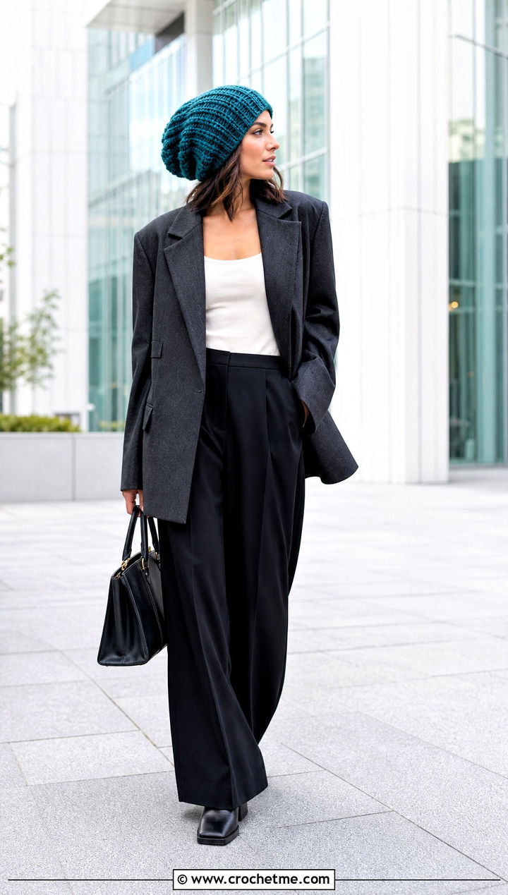 Slouchy Crochet Ribbed Beanie With Oversized Blazer And Wide Leg Trousers - 35 crochet ribbed beanie outfit ideas