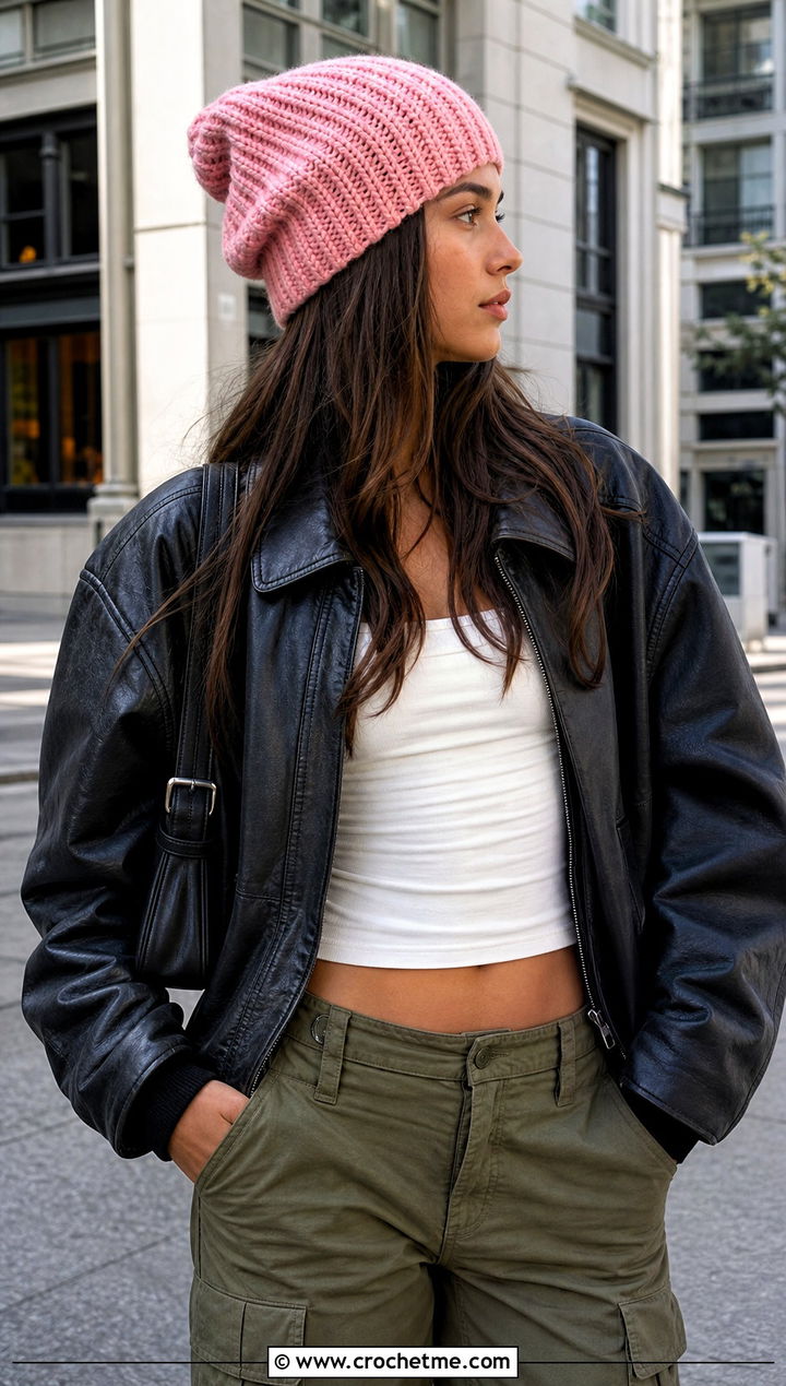 Slouchy Crochet Ribbed Hat With Leather Bomber Jacket - 20 Easy Crochet Ribbed Hat outfit ideas