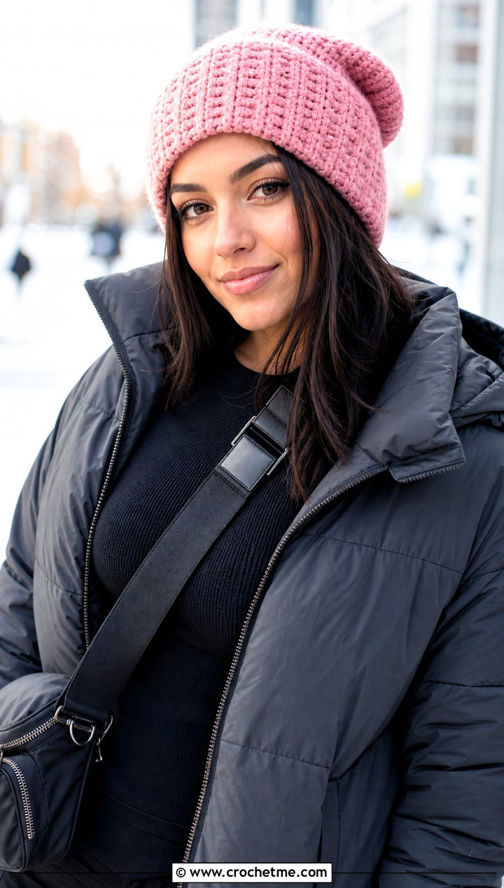 Slouchy Crochet Short Row Beanie With Puffer Jacket - 20 Crochet Short Row Beanie outfit ideas