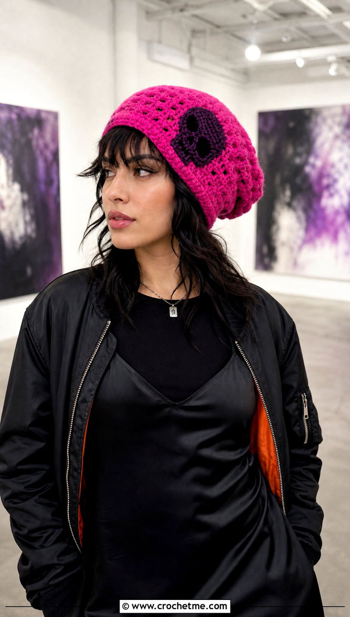 Slouchy Crochet Skull Beanie With Satin Slip Dress - 30 crochet skull beanie outfit ideas