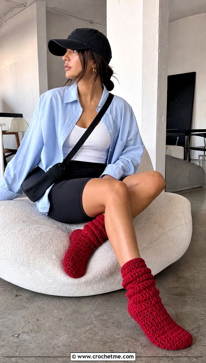 Slouchy Crochet Slipper Socks With Bike Shorts - 25 Crochet Slipper Socks outfit ideas