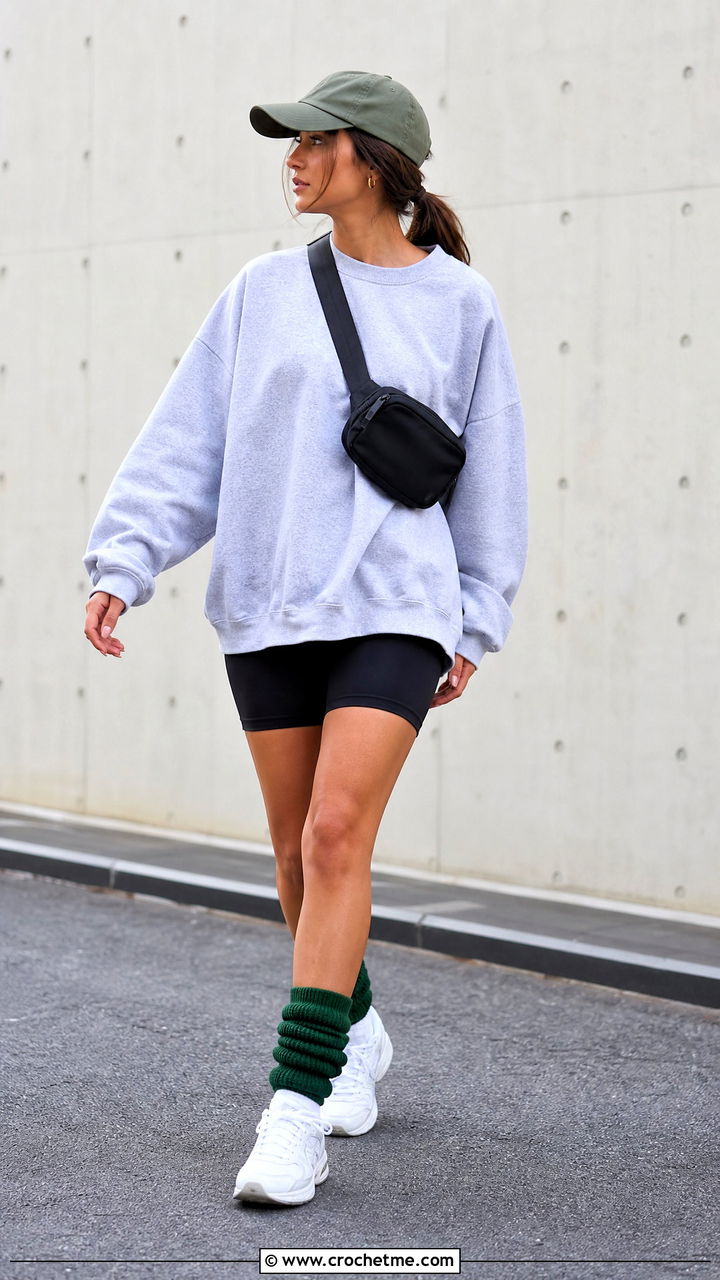 Slouchy Crochet Socks With Bike Shorts And Sneakers - 35 crochet socks for beginners outfit ideas