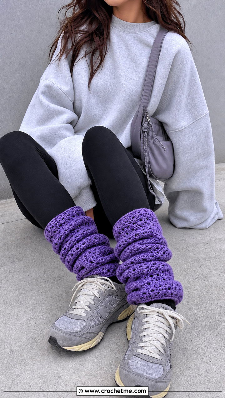 Slouchy Crochet Socks With Leggings And Retro Sneakers - 25 Quick Crochet Socks outfit ideas
