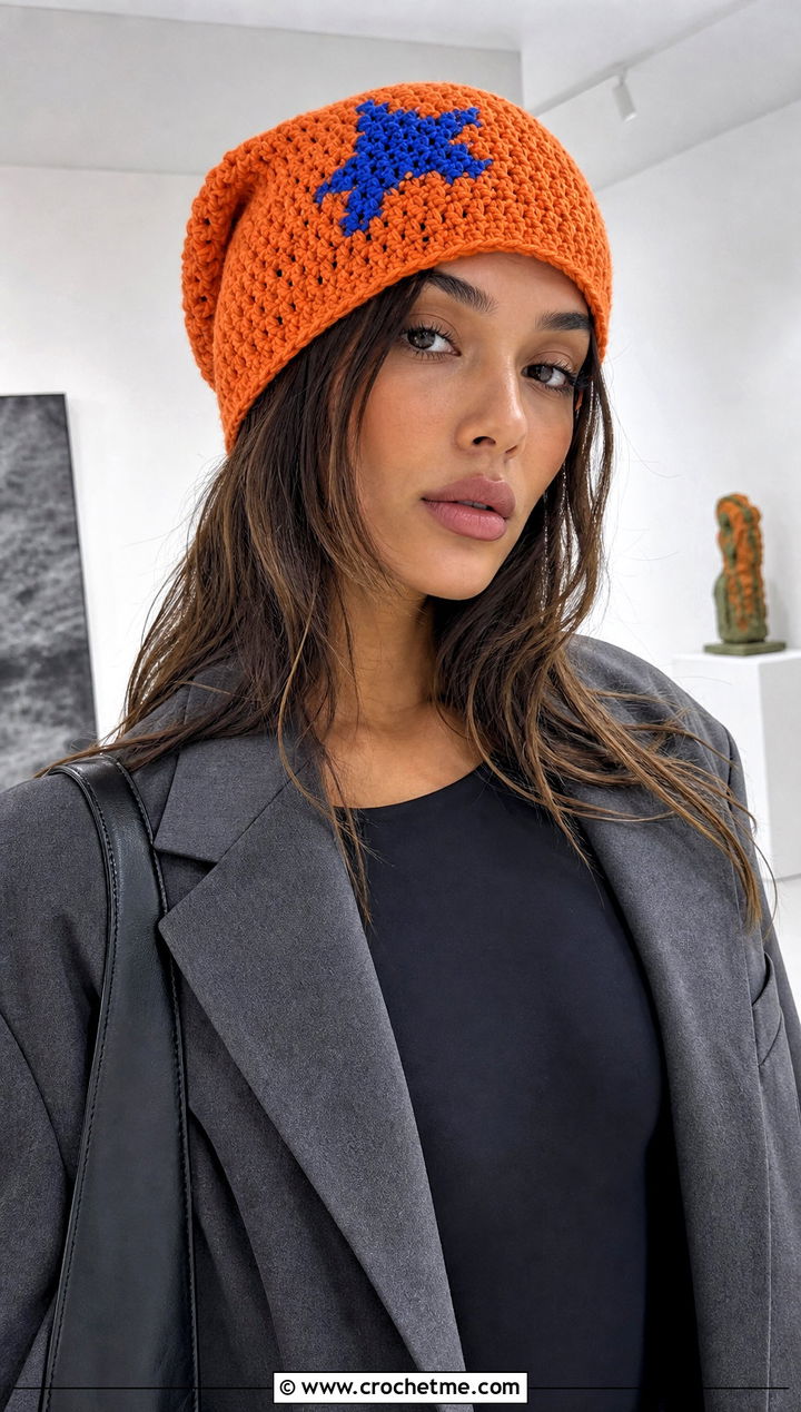 Slouchy Crochet Star Beanie With Oversized Blazer - 25 crochet star hat outfit ideas