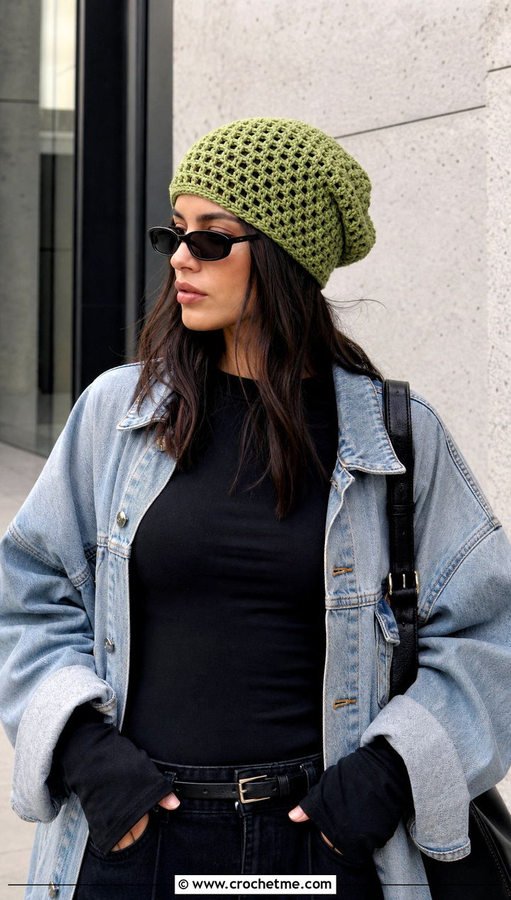 Slouchy Crochet Stocking Cap With Denim Jacket - 30 crochet stocking cap outfit ideas