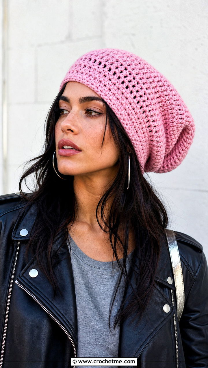 Slouchy Crochet Stocking Cap With Leather Jacket - 25 easy crochet stocking hat outfit ideas