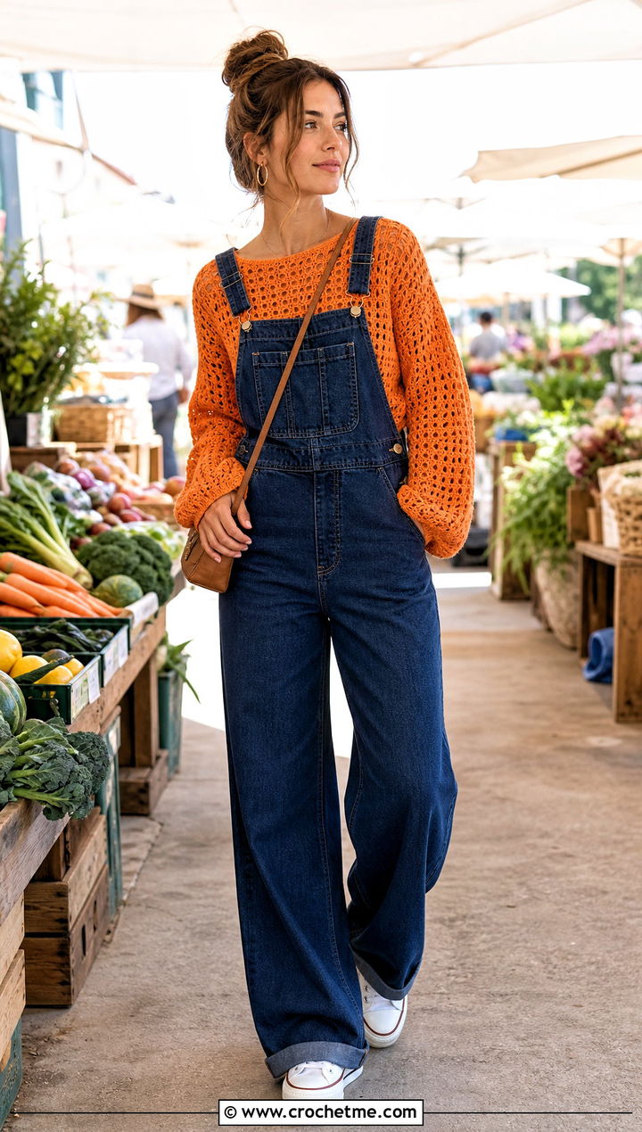 Slouchy Crochet Sweater With Denim Overalls - 30 crochet sweater inspiration outfit ideas