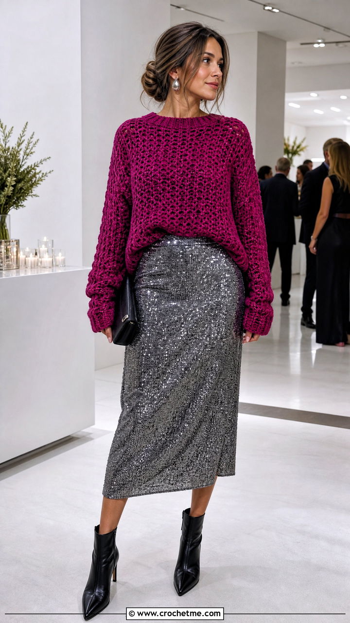 Slouchy Crochet Sweater With Sequin Skirt - 35 easy crochet sweater outfit ideas